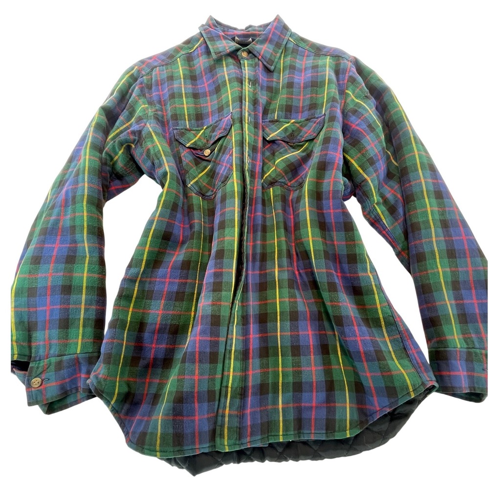Mens Vintage Lined Flannel Shirt Jacket Plaid‎ Quilted Barn Coat Size L Cotton